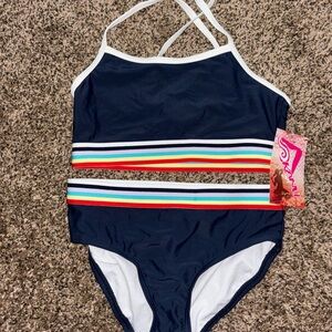 Kanu Surf Blue and Red One Piece Swimsuit Retro Stripes